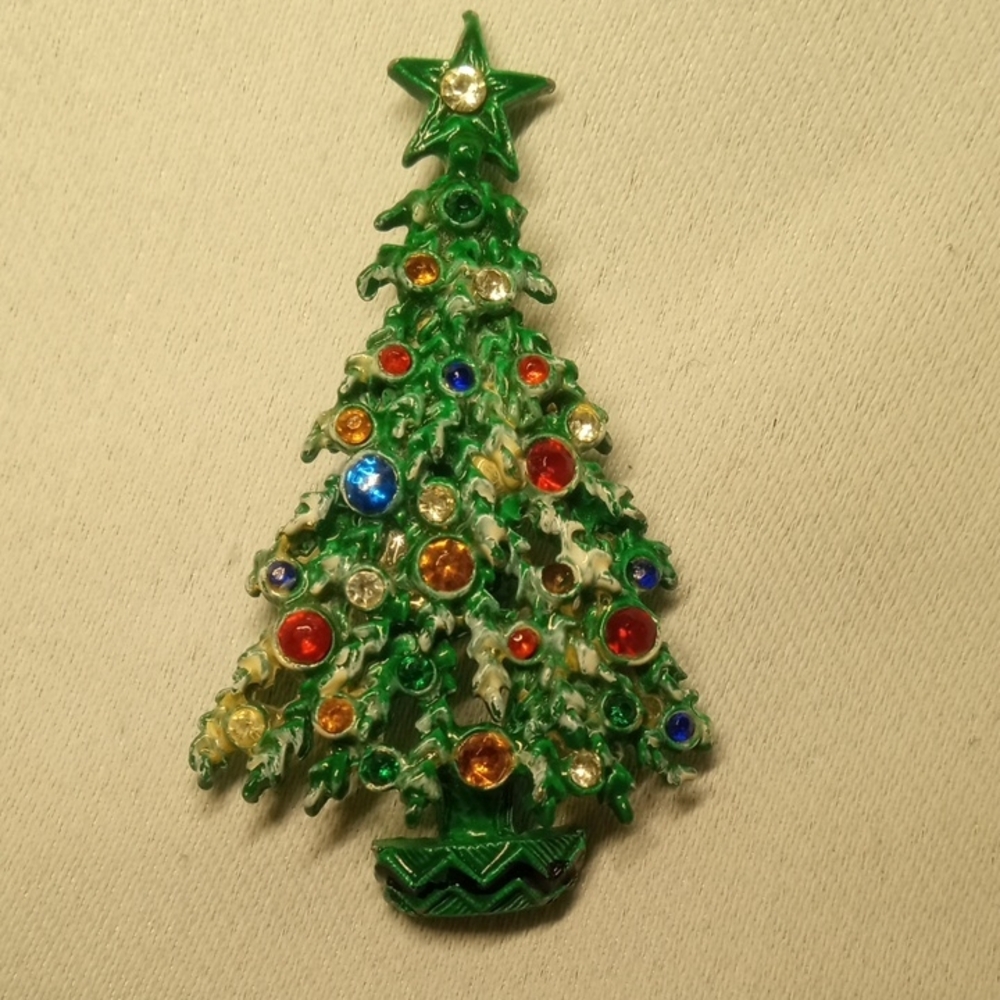 Vintage Green Christmas Tree Brooch Hand Painted
